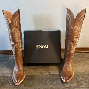 NIB ISNOM Western Knee High Boots Womens 9.5 Brown Snip Toe Embroidered Cowgirl